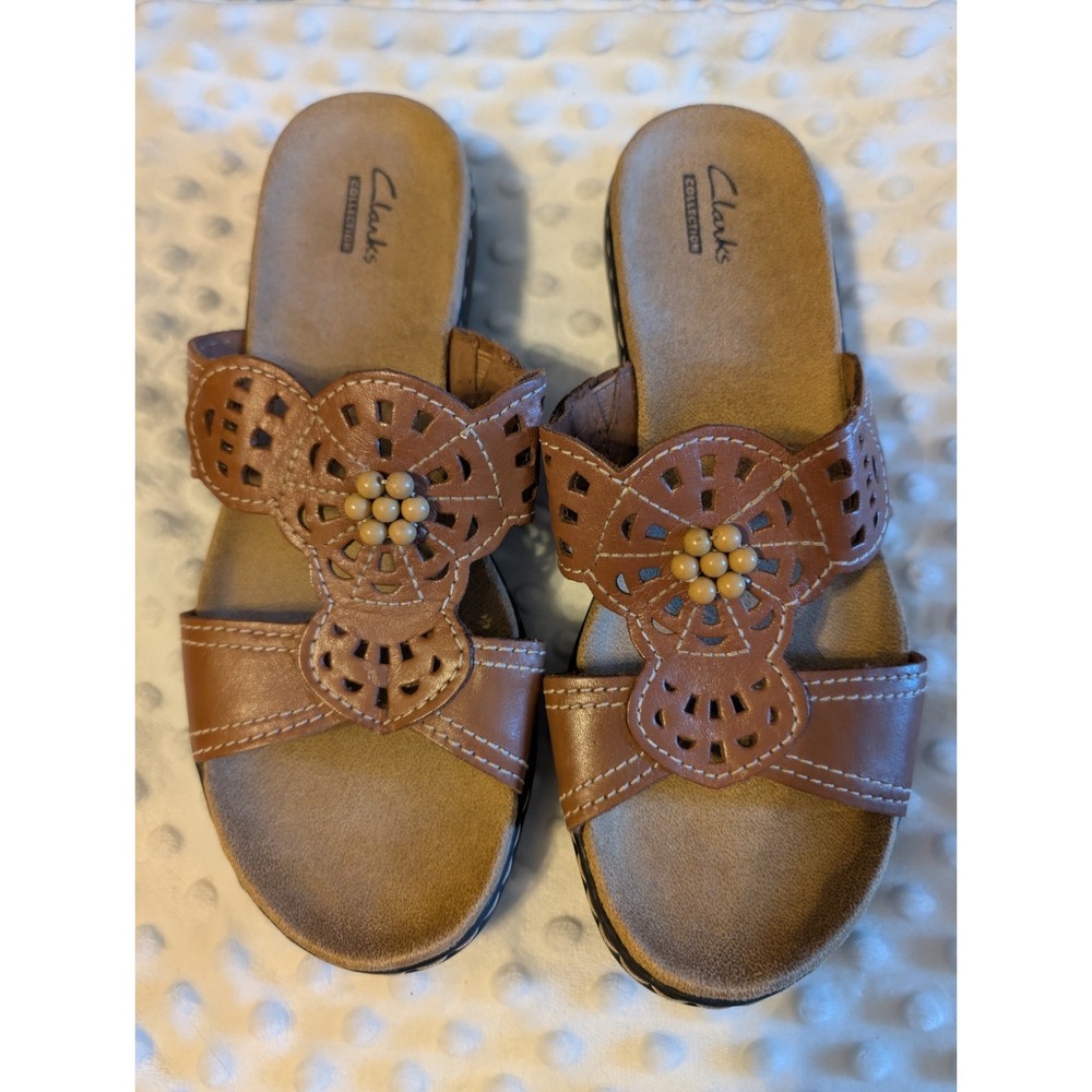 Clarks Brown Leather Slide Sandals with Beaded Flower Detail